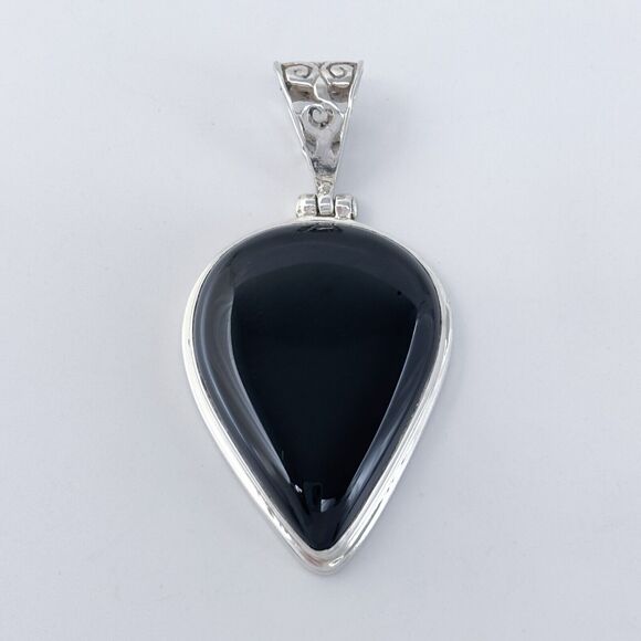 Vintage Sterling Silver 925 Teardrop Onyx Pendant - Picture 2 of 7